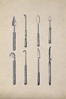 Spatula Prints: Surgical instruments, mainly spatulas and needles. Creator: Unknown