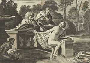 Guido Gallery: Susanna, partly naked and stepping out of a fountain with two elders at left, one o