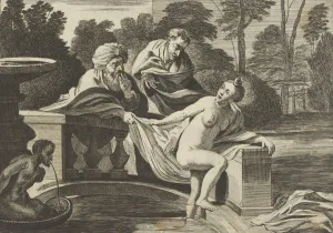 Guido Prints: Susanna, partly naked and stepping out of a fountain with two elders at left, one o