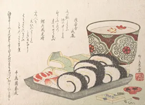 Ryuryukyo Shinsai Prints: Sushi (Vinegared Fish and Rice) Food. Creator: Shinsai