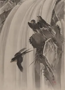 Kawanabe Kyosai Prints: Swallows by a Waterfall, ca. 1887. Creator: Kawanabe Kyosai