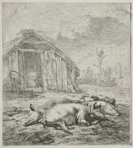 Karel Dujardin Prints: Three Swine Lying in Front of a Sty. Creator: Karel Dujardin (Dutch, c. 1622-1678)