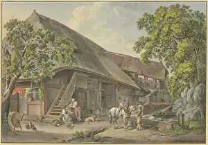 Sunny Prints: Swiss house, by the fountain a farmer with a white horse on which a boy is riding