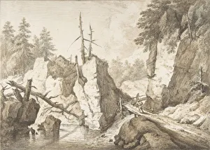 Brook Prints: Swiss mountain landscape with small bridge spanning a brook
