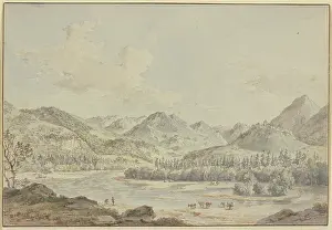 Nicolas Prints: A Swiss valley with a river between fir forests; a castle on the mountain to the right