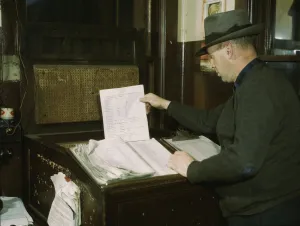 Railroad Shop Prints: Switch lists coming in by teletype to the hump office at a C& NW RR yard