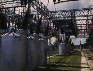 Switch yard at TVA's Wilson Dam hydroelectric plant, vicinity of Sheffield, Ala., 1942. Creator: Alfred T Palmer Switch yard at TVA's Wilson Dam hydroelectric plant, vicinity of Sheffield, Ala., 1942. Creator: Alfred T Palmer