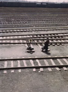Chicago And North Western Railway Gallery: Switchman throwing a switch a C and NW RRs Proviso yard, Chicago, Ill. 1943. Creator: Jack Delano