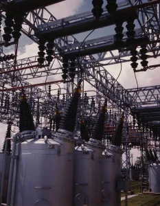 Switchyard at TVAs Wilson Dam hydroelectric plant, vicinity of Sheffield, Ala. 1942. Creator: Alfred T Palmer