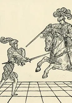 Fencing Prints: Sword fight between foot-soldier and knight, c1536, (1903). Creator: Unknown