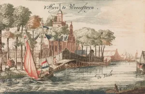 Johannes Prints: t Huys Weeresteyn by the river Vecht in: Tooneel Der Voornaamste Nederlands Huizen, En
