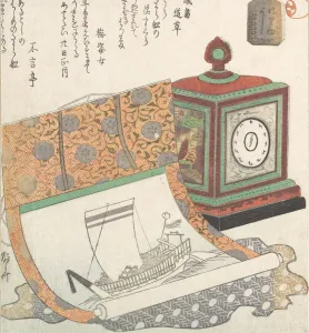 Ryuryukyo Shinsai Prints: Table-Clock and Kakemono of a Treasure Boat, 19th century. 19th century