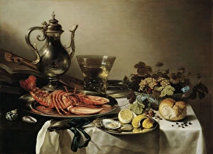 Champagne Glass Gallery: Table with lobster, silver jug, big Berkemeyer, fruit bowl, violin and books, 1641