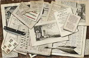 Quill Pen Prints: Table with messy papers, 1782. Creator: Perez Ruano, Jose (1750-1810)