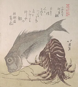 Nephropidae Prints: Tai Fish and Lobster; Specialities of Yanagiya in Odawara-cho, 19th century