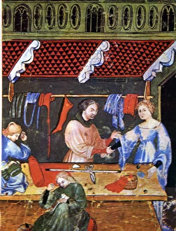 Bibliotheque Nationale Gallery: Tailoring. Miniature in Tacuinum sanitatis, illuminated manuscript of the late 14th century