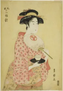 Tea Cup Prints: Takashima Ohisa, from the series A Fashionable Set of Three (Furyu sanpuku tsui)