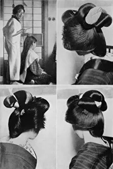 It takes two hours for a geishas hairstyle, the coiffure, lasts several days, c1900, (1921)