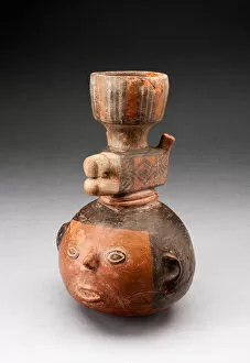 Peruvian Collection: Tall Necked Jar in the Form of an Abstract Head with Animal Forms, A. D. 500 / 1000