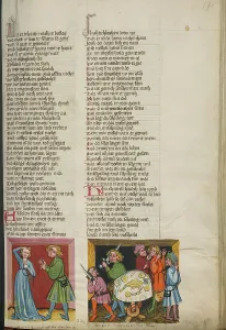 Tamar Complaining to Absalom: Absalom Ordering the Death of Amnon; Weltchronik, about 1400-1410. Creator: Unknown