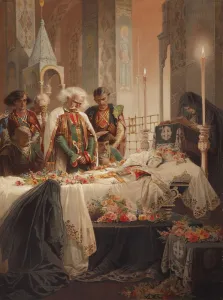 Tamara in the coffin. Illustration to the poem The Demon by Mikhail Lermontov, c. 1880. Artist: Zichy, Mihaly (1827-1906)