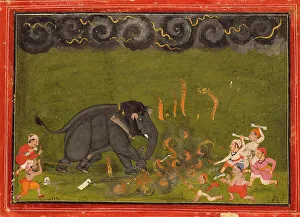Olive Green Prints: Taming of the Elephant Chanchal, 1760. Creator: Unknown