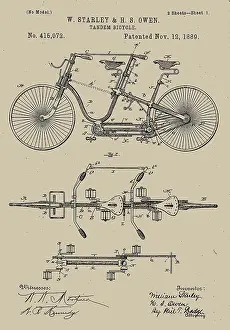 Cyclist Prints: Tandem Bicycle 1889 Patent, 1889. Creator: W. Starley & H. S. Owen