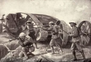 Aiming Prints: The Tanks in Action. The Western Juggernaut Tracking Over the Mud Wastes, 1917