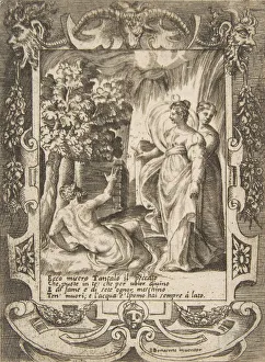 Diana Collection: Tantalus at left speaking to Diana at right, set within an elaborate frame, from the L