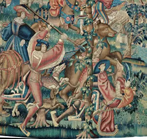 Horseman Collection: Tapestry (Bear Hunt and Falconry from a Hunts Series), Belgium, c. 1525. Creator: Unknown