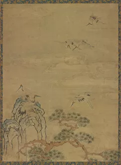 Tapestry with cranes, rocks, pines, and clouds, Ming dynasty, 1368-1644. Creator: Unknown