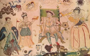 A tapestry featuring Henry VIII, Edward VI and Elizabeth I. Thought to be Elizabethan, (1914)
