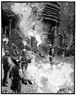Tapping blast furnace, and casting iron into pigs, Siemens iron and steel works, Wales, 1885