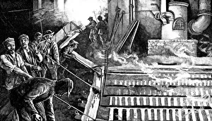 Casting Prints: Tapping a blast furnace and casting iron into pigs, c1900