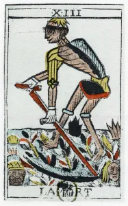 Tarot Card of Death, the grim reaper, Noblet tarot, 17th century