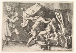 Giulio Prints: Tarquin attacking Lucretia, a servant at left witnessing the scene, ca. 1540