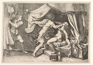 Heroine Gallery: Tarquin attacking Lucretia, a servant at left witnessing the scene, ca. 1540