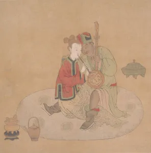 Qing Dynasty Prints: Tartar Officer with Blond Lady Playing Musical Instruments, 19th century. Creator: Unknown