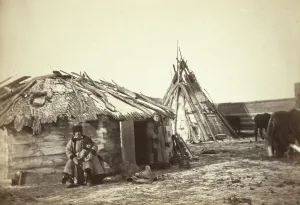 Tatar couple with a small boy in front of their home, between 1885 and 1886. Creator: Unknown