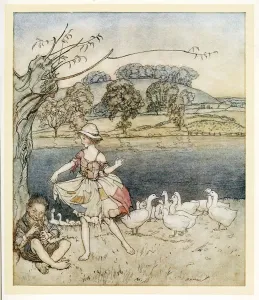 Tattercoats dancing while the goosherd pipes, from English Fairy Tales, pub. 1922 Tattercoats dancing while the goosherd pipes, from English Fairy Tales, pub. 1922