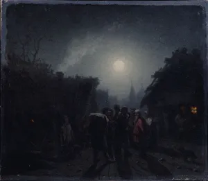 Before a Tavern. Night scene, 1860s-1870s. Artist: Solomatkin, Leonid Ivanovich (1837-1883) Before a Tavern. Night scene, 1860s-1870s. Artist: Solomatkin, Leonid Ivanovich (1837-1883)