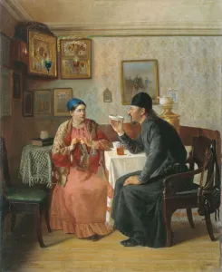 Biscuit Prints: Tea drinking, 1895. Artist: Naumov, Alexey Avvakumovich (1840-1895)