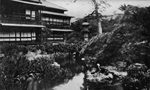 Mysterious Japan Prints: A tea-house garden, Tokyo. Landscape gardening with theme of volcanic origins