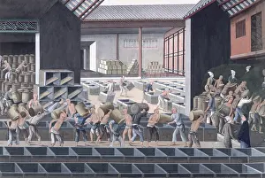 Baskets Prints: A tea warehouse in Canton, China, 1790. Creator: Anon