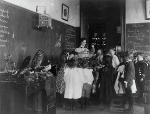 Cyanotypes 1890 1900 Gmgpc Prints: Teacher and group of grade school children standing around bird cage