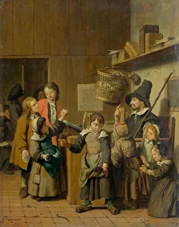 Schoolmistress Prints: Teacher and school children in the classroom