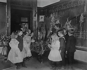 Cyanotypes 1890 1900 Gmgpc Prints: Teacher showing students Native American handicrafts at a school in Washington
