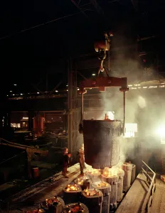 Molten Prints: Teeming (pouring) molten iron, Brown Bayley Steels, Sheffield, South Yorkshire, 1968