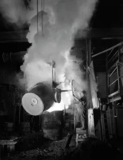 Teeming (pouring) molten iron at Edgar Allens steel foundry, Sheffield, South Yorkshire, 1964