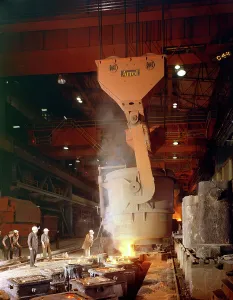 Teeming (pouring) steel ingots, Park Gate Iron and Steel Co, Rotherham, South Yorkshire, 1964